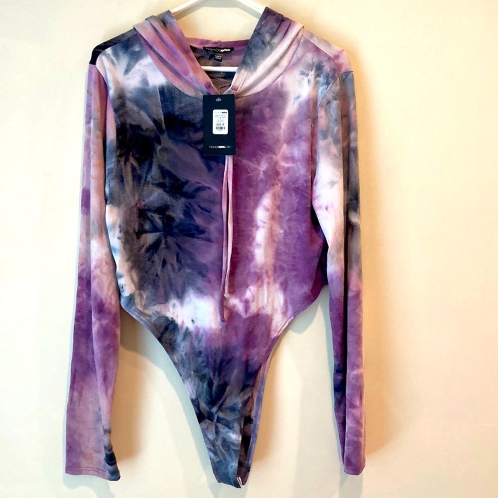 NWT Fashion Nova BodySuit Tie Dye Hoodie with Snaps 1X